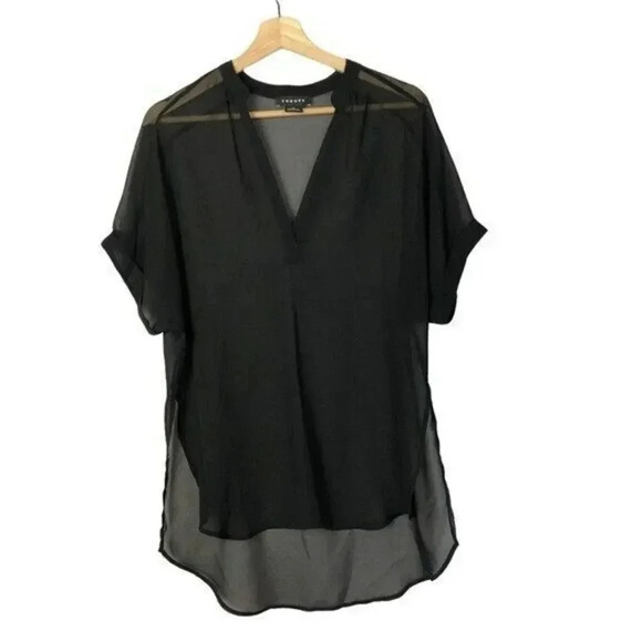 Trouve Black V-Neck Chiffon High Low Short Sleeve Blouse XS - Picture 1 of 3